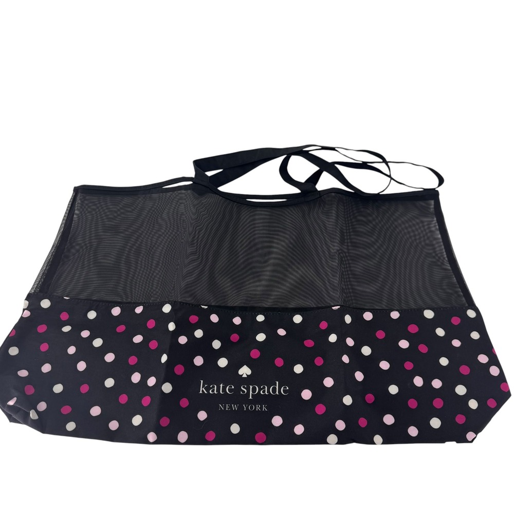 Kate Spade New York Mesh Tote Bag Black Pink Polka Dot Packable Beach Bag Large - Picture 4 of 9